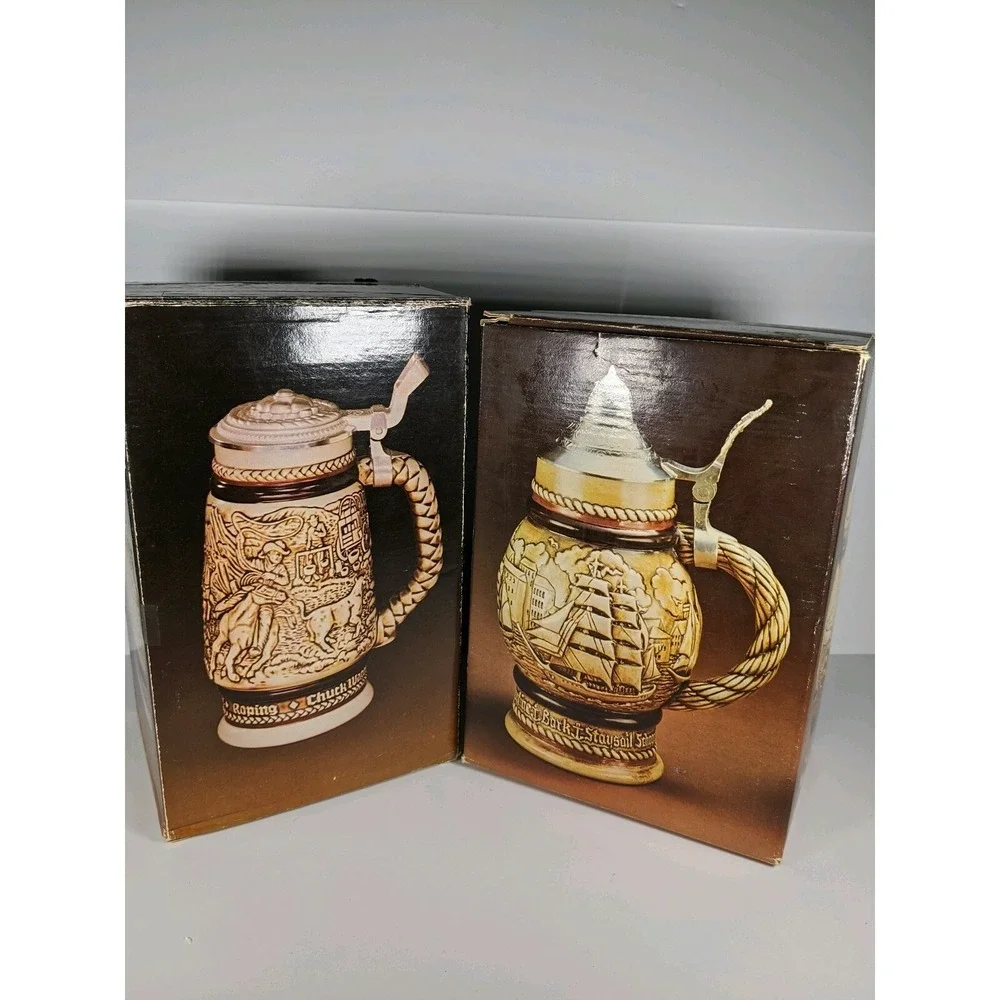 Vintage Avon Ceramic Beer Steins Western Round Up & Tall Ships Set of 2 with Box